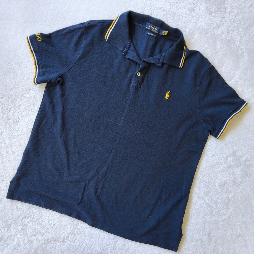 Ralph Lauren Polo Shirt Mens Large Navy Custom Slim Fit Tipped Pique Sleeve Logo